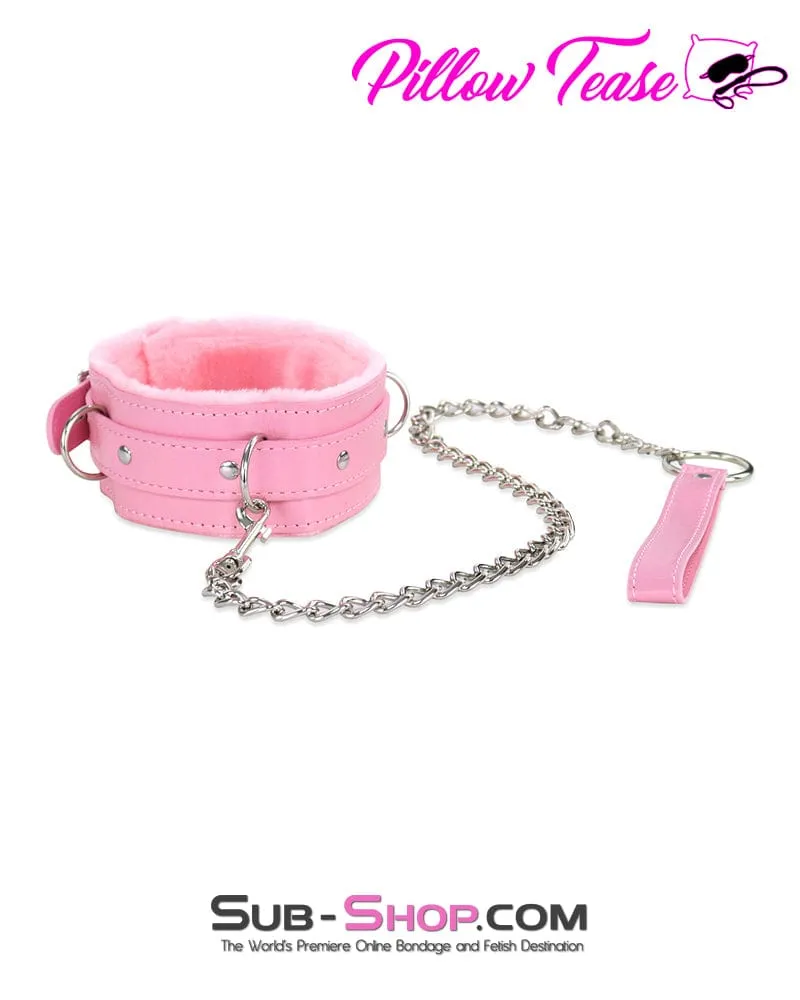 1582DL-SIS      Plush Pink Fur Lined Sissy Boi Bondage Collar and Dungeon Mistress Leash