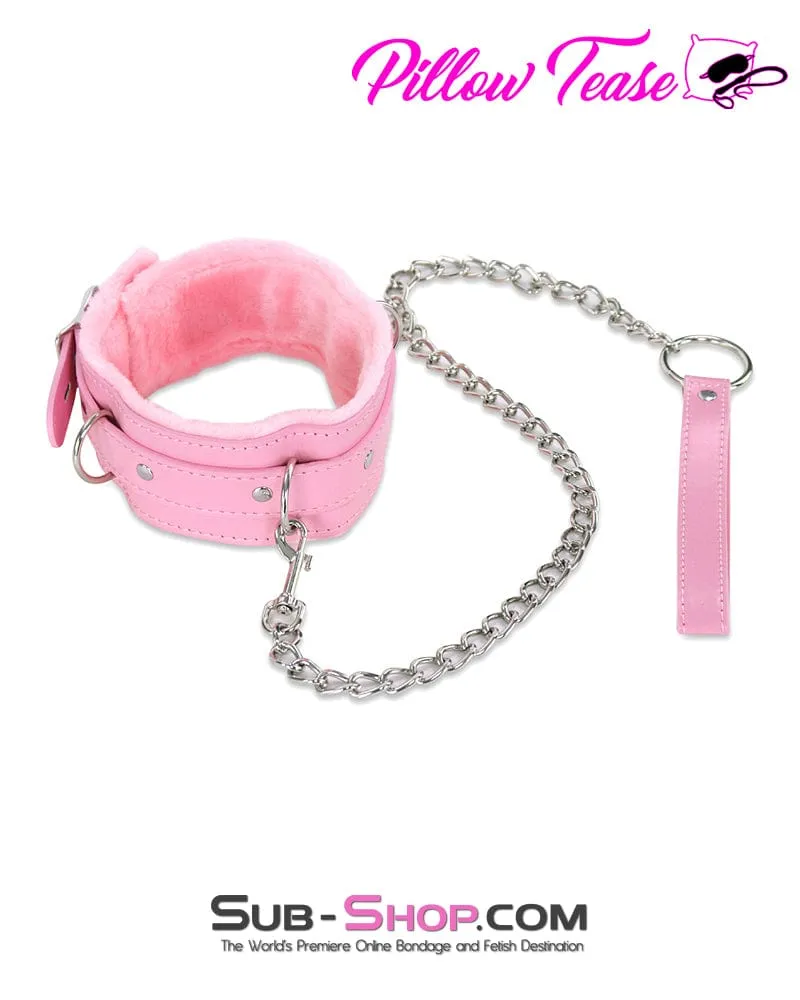 1582DL-SIS      Plush Pink Fur Lined Sissy Boi Bondage Collar and Dungeon Mistress Leash