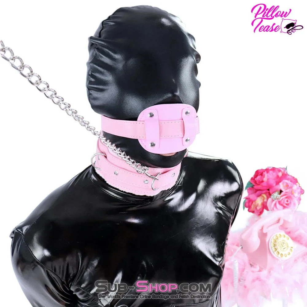 1582DL-SIS      Plush Pink Fur Lined Sissy Boi Bondage Collar and Dungeon Mistress Leash