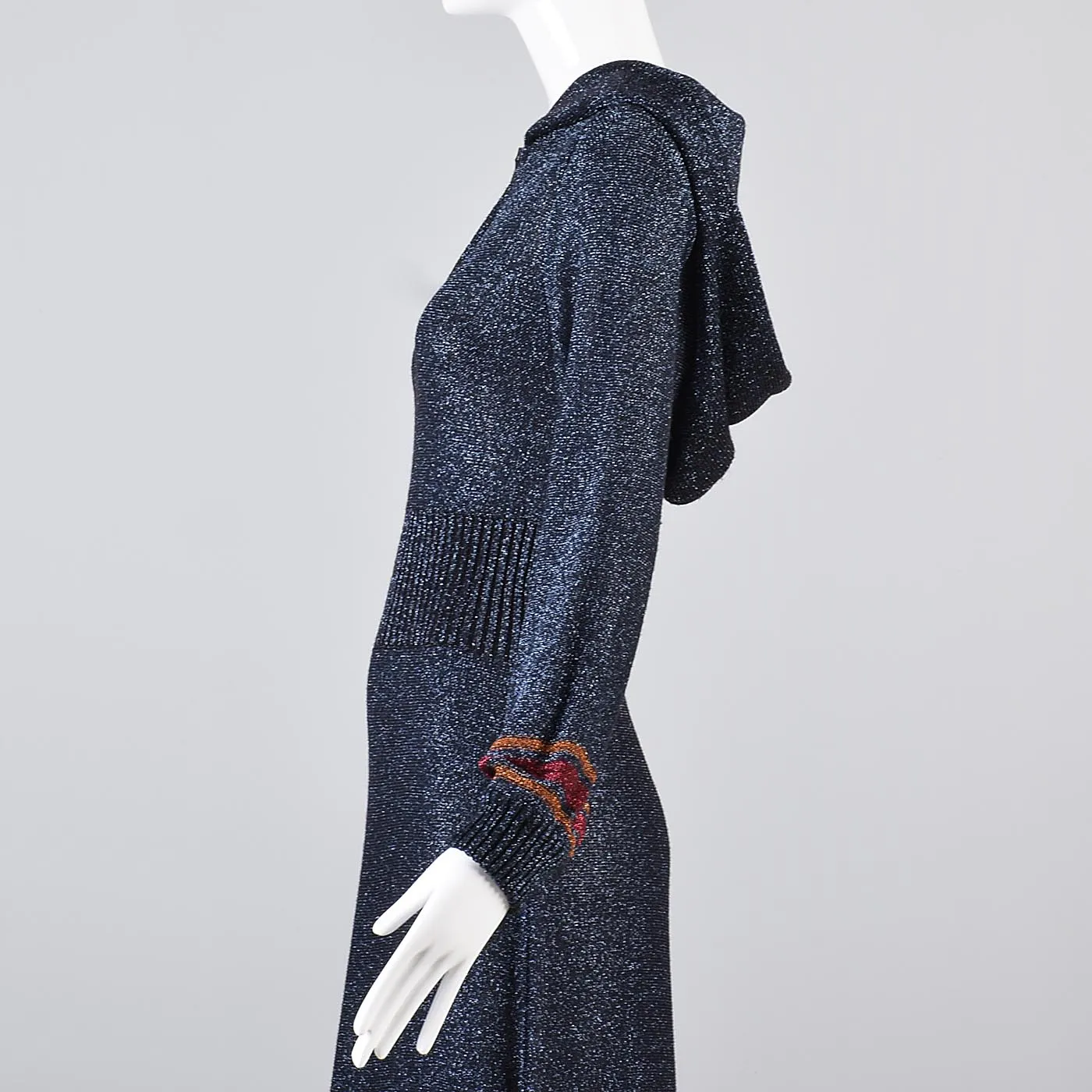 1970s Iconic Hooded Maxi Dress in Metallic Blue Knit