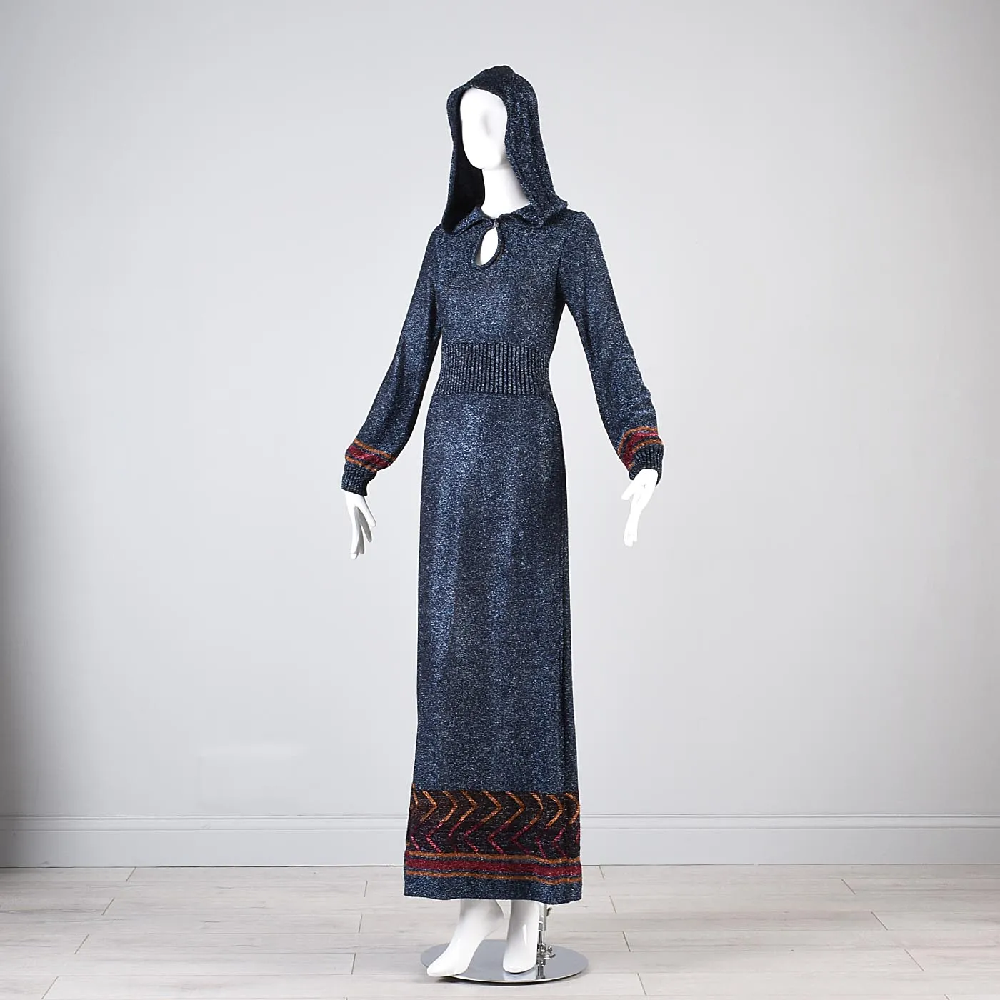 1970s Iconic Hooded Maxi Dress in Metallic Blue Knit