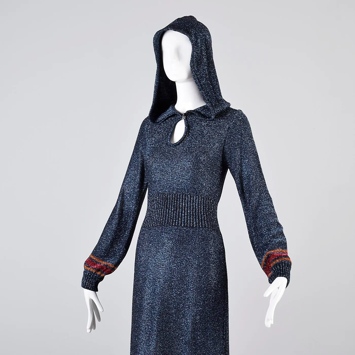 1970s Iconic Hooded Maxi Dress in Metallic Blue Knit