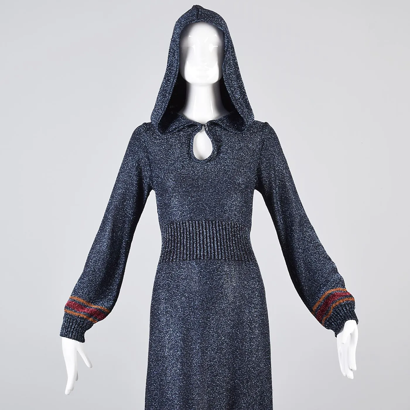 1970s Iconic Hooded Maxi Dress in Metallic Blue Knit