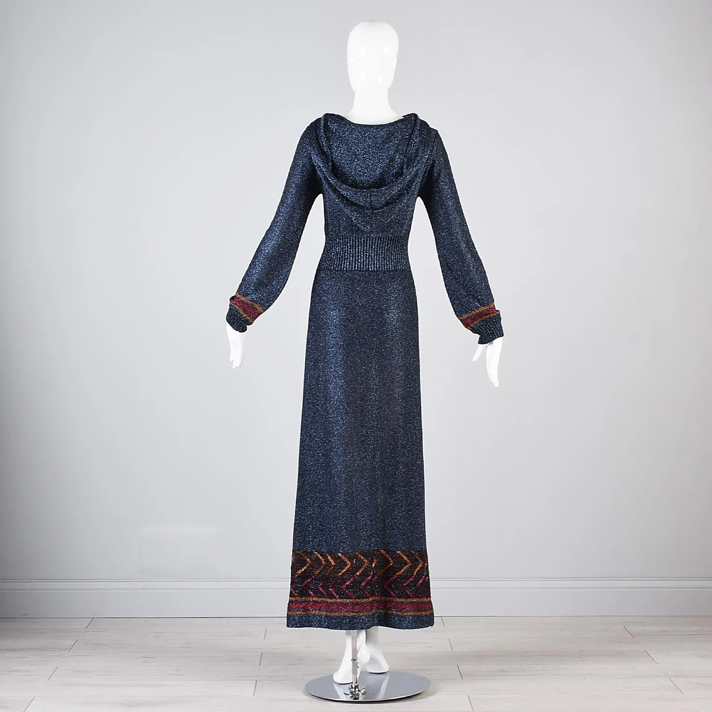 1970s Iconic Hooded Maxi Dress in Metallic Blue Knit