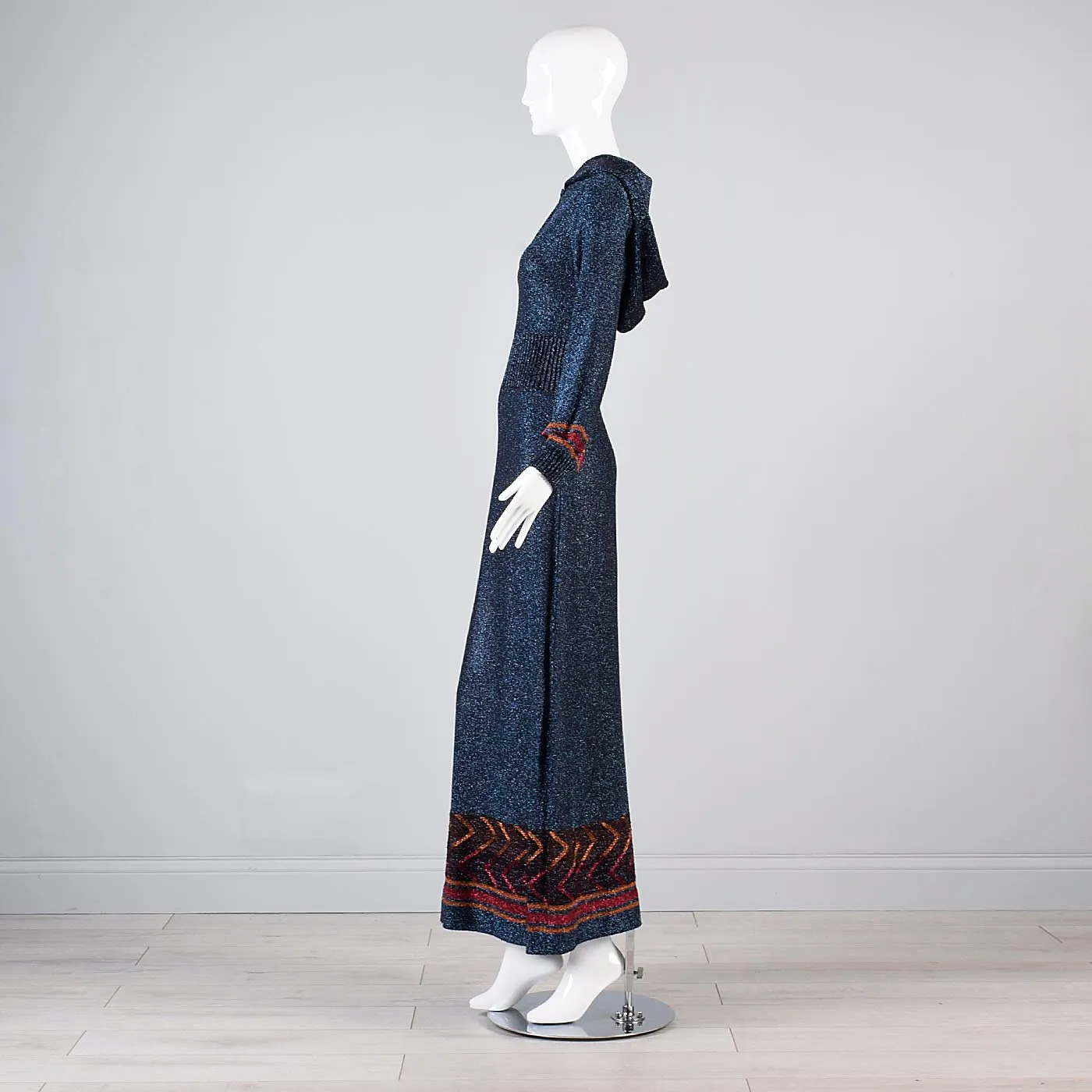 1970s Iconic Hooded Maxi Dress in Metallic Blue Knit