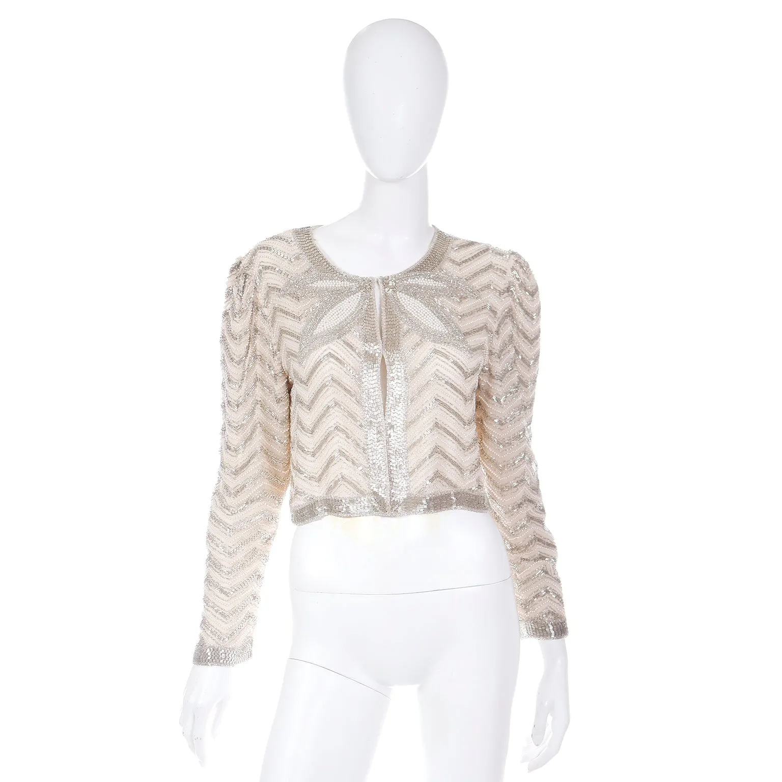 1990s Vintage Neiman Marcus Silk Beaded Ivory & Silver Evening Jacket