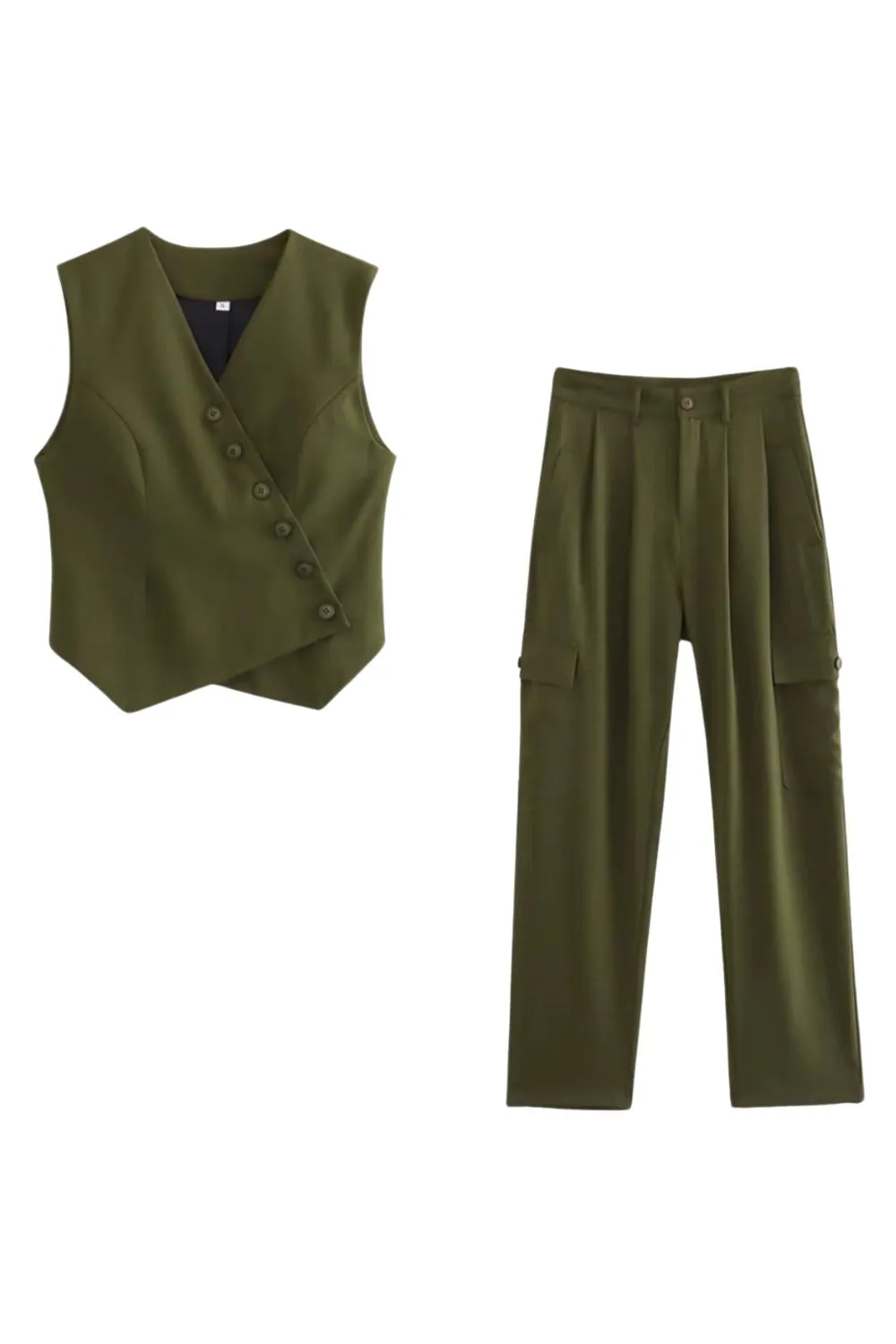 'Abigail ' Buckle-Detail Vest & Cargo Pants Set (Sold Separately)