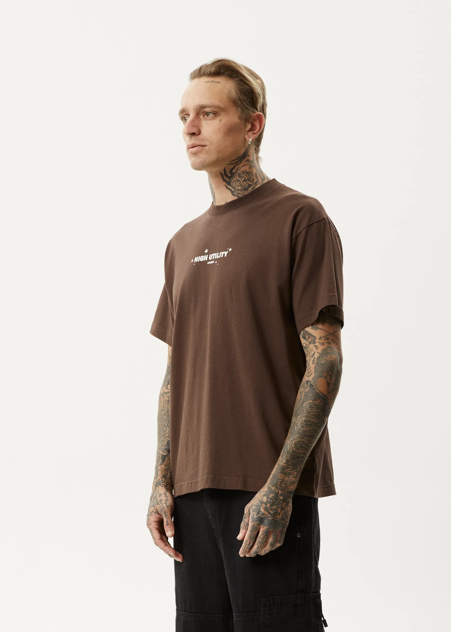 AFENDS Mens High Utility - Boxy T-Shirt - Coffee