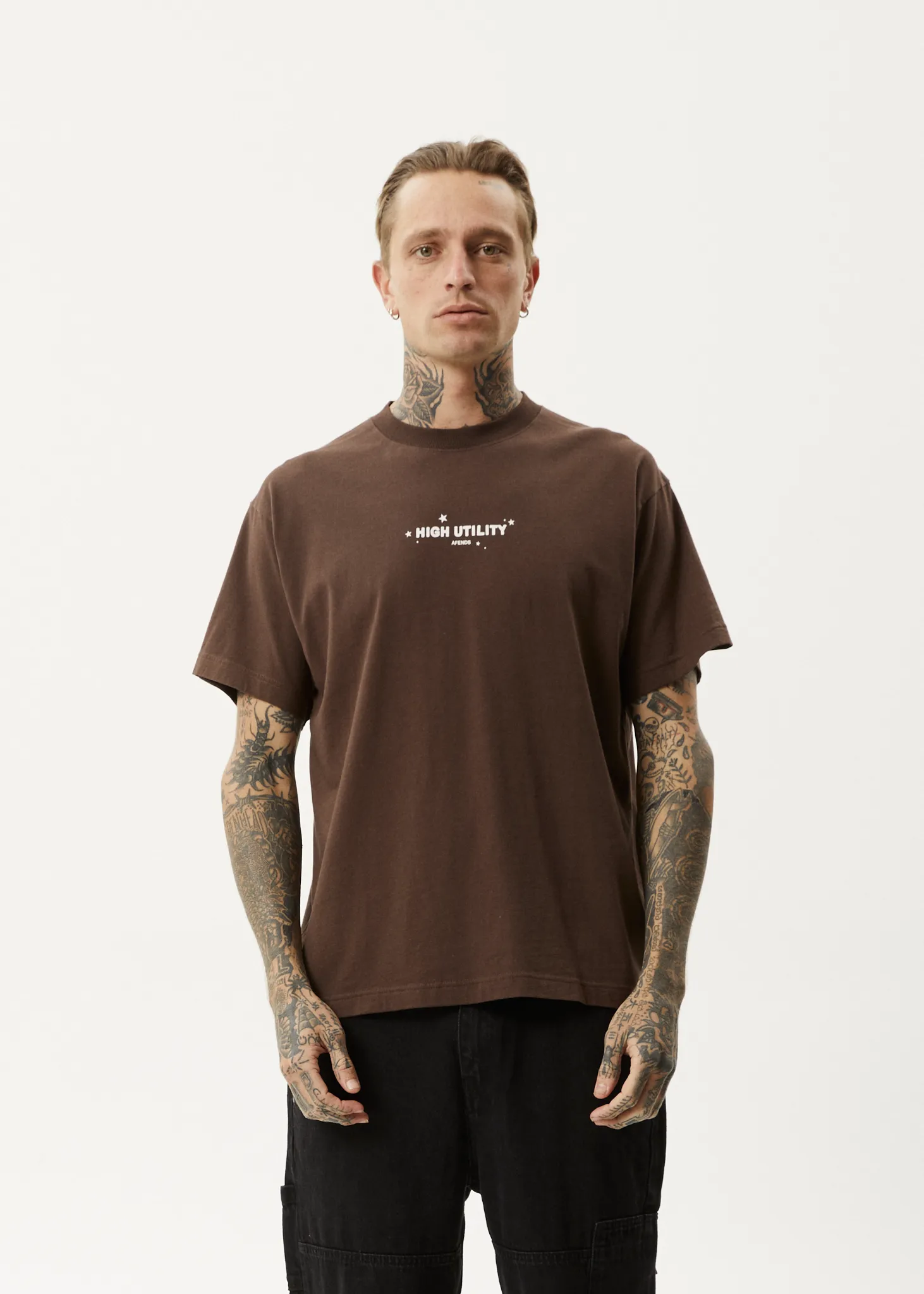 AFENDS Mens High Utility - Boxy T-Shirt - Coffee