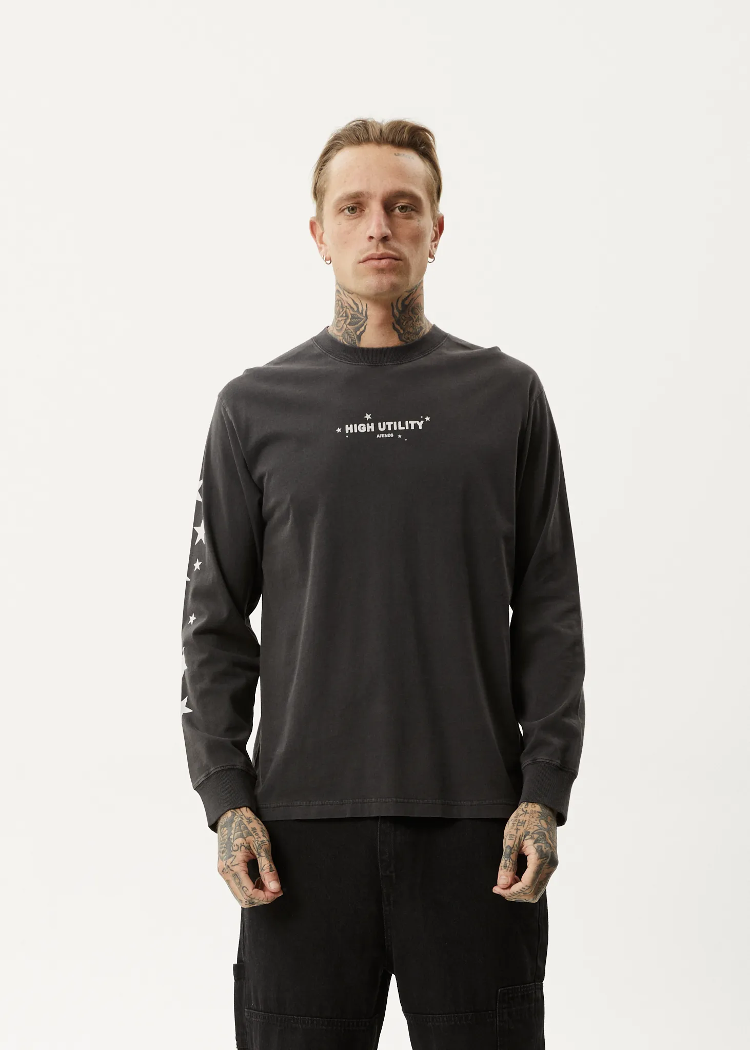 AFENDS Mens High Utility - Long Sleeve T-Shirt - Stone Black