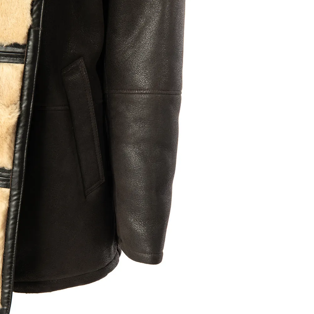 Alex's brown shearling driving coat