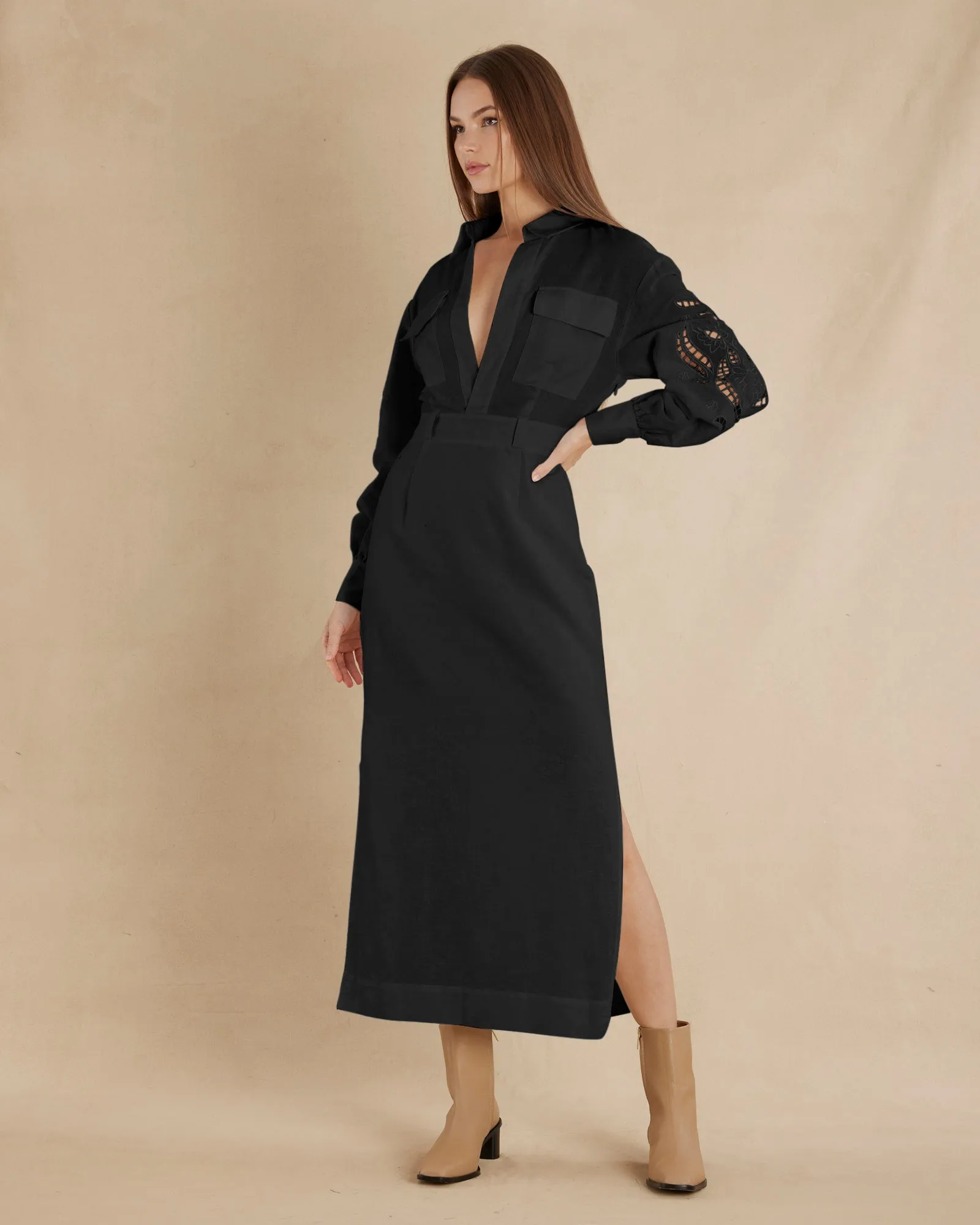 Alice Linen Utility Dress - Black