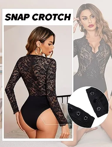 Avidlove Plus Size Womens Long Sleeve Black Bodysuit V Neck Lace Body Suits Going Out Tops Snap Crotch One Piece Teddy Lingerie