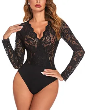 Avidlove Plus Size Womens Long Sleeve Black Bodysuit V Neck Lace Body Suits Going Out Tops Snap Crotch One Piece Teddy Lingerie