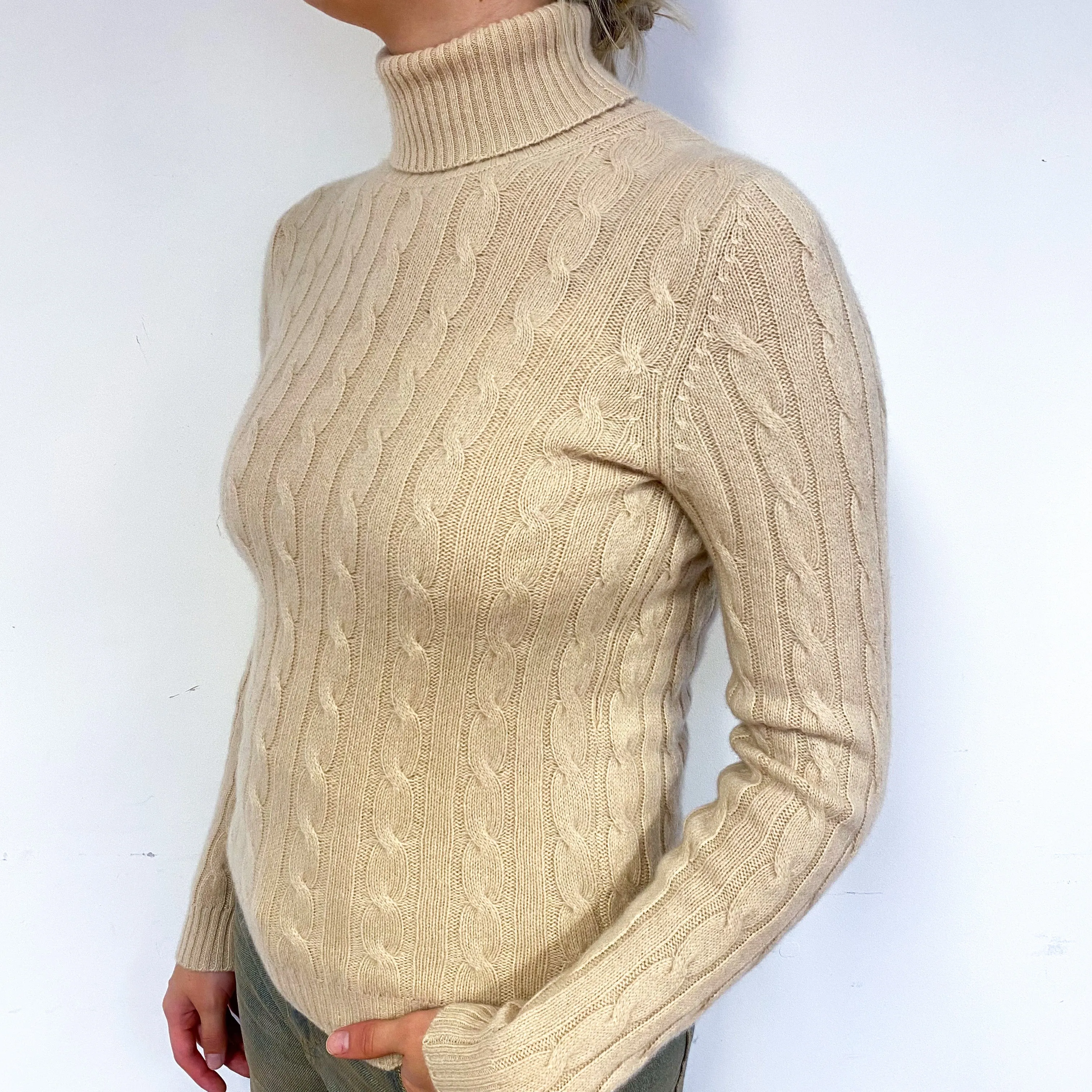 Beige Cable Cashmere Polo Neck Jumper Small