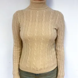 Beige Cable Cashmere Polo Neck Jumper Small