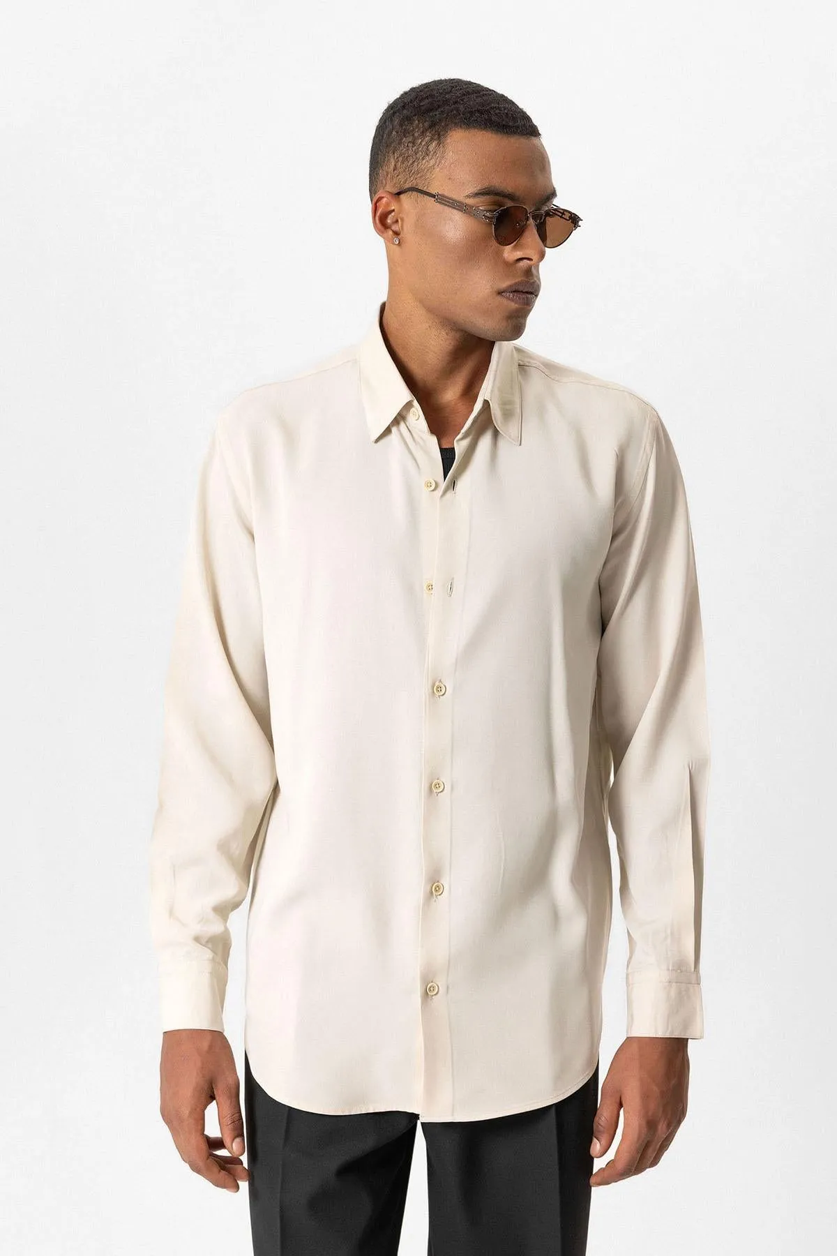 Beige Technical Tencel Fabric Men's Shirt - Wessi