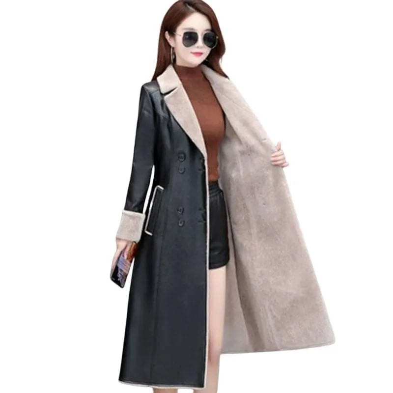 BELLA Design Women's Fine Fashion Genuine Leather Cashmere Plush Fur Coat