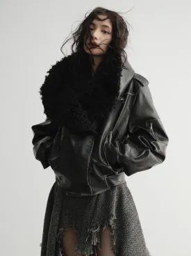 big fur collar PU leather jacket