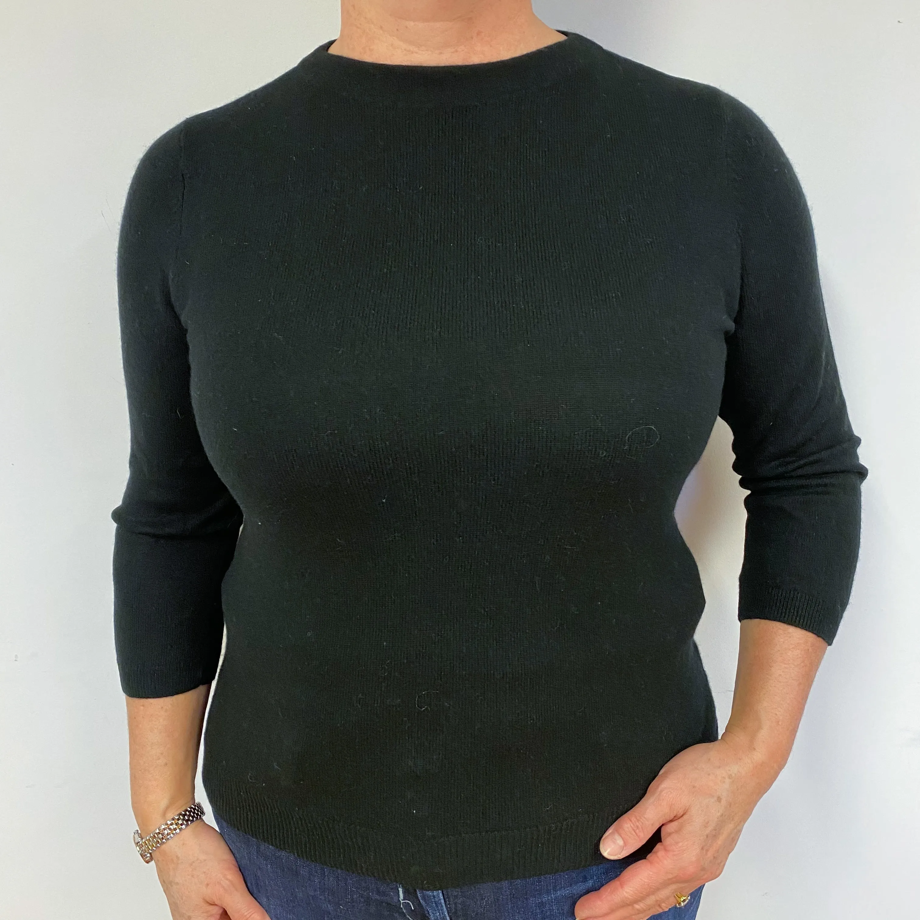 Black 3/4 Sleeve Cashmere Crew Neck Jumper Large.