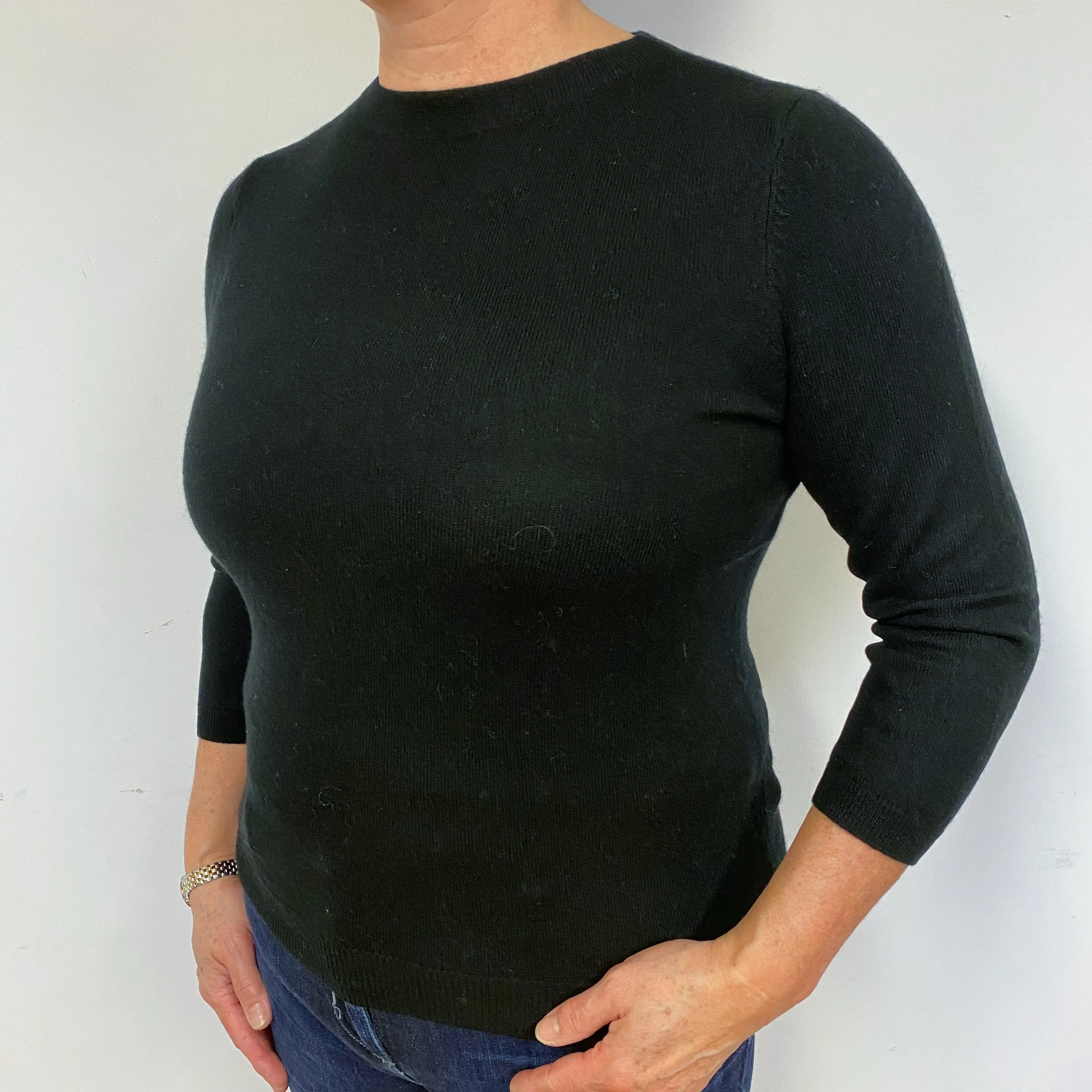 Black 3/4 Sleeve Cashmere Crew Neck Jumper Large.