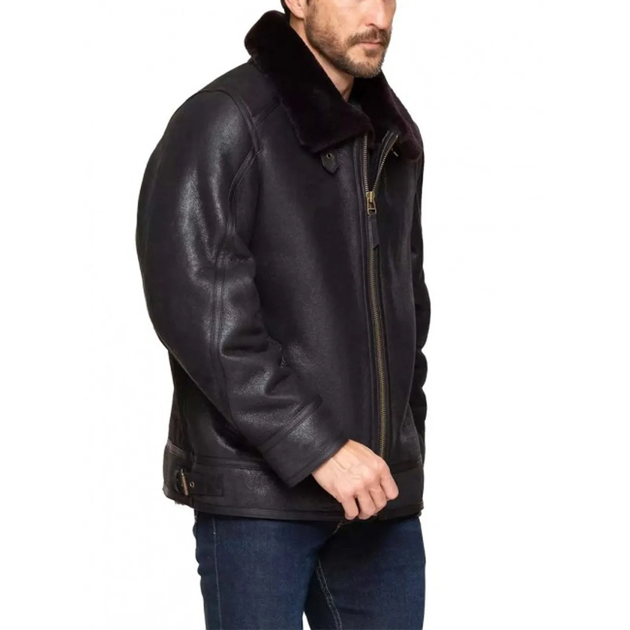 Black Bomber Fur Leather Jacket For Men