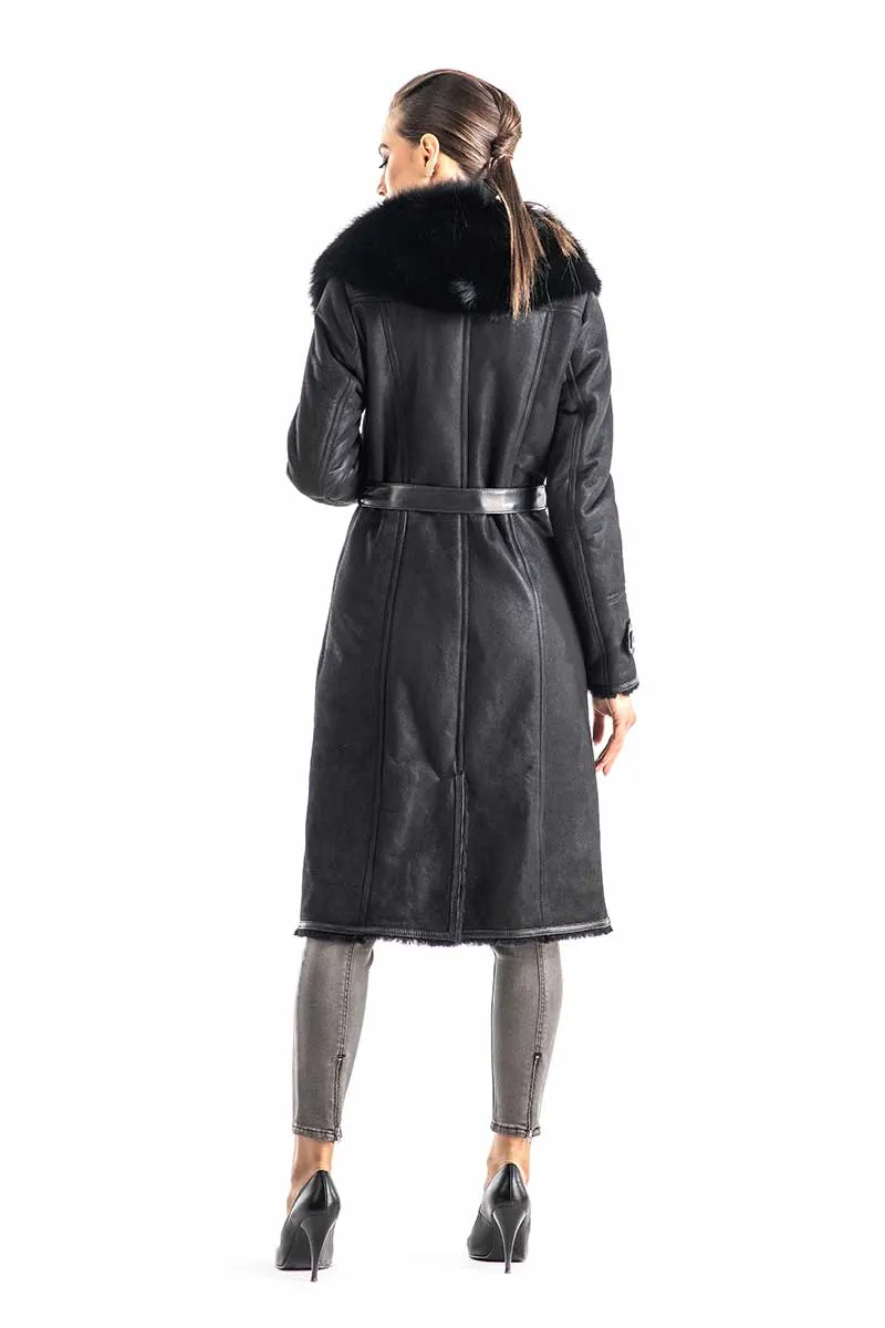 Black Genuine Merino Shearling Coat with Arctic Fox Fur Collar