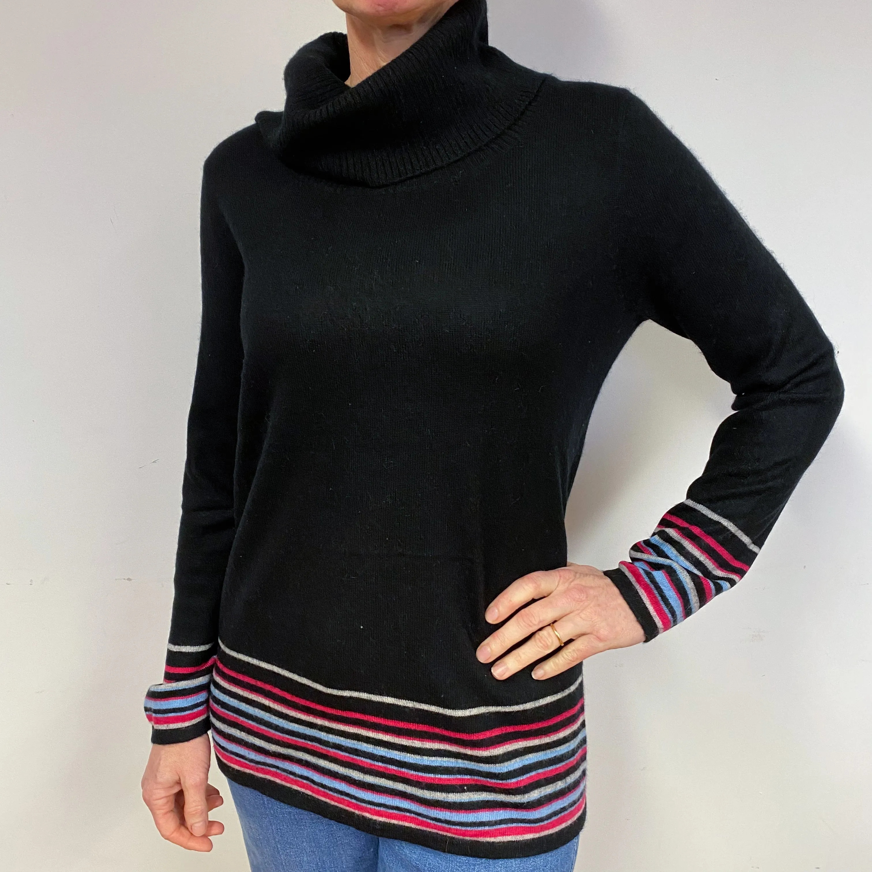 Black Striped Cashmere Cowl Neck Jumper Medium