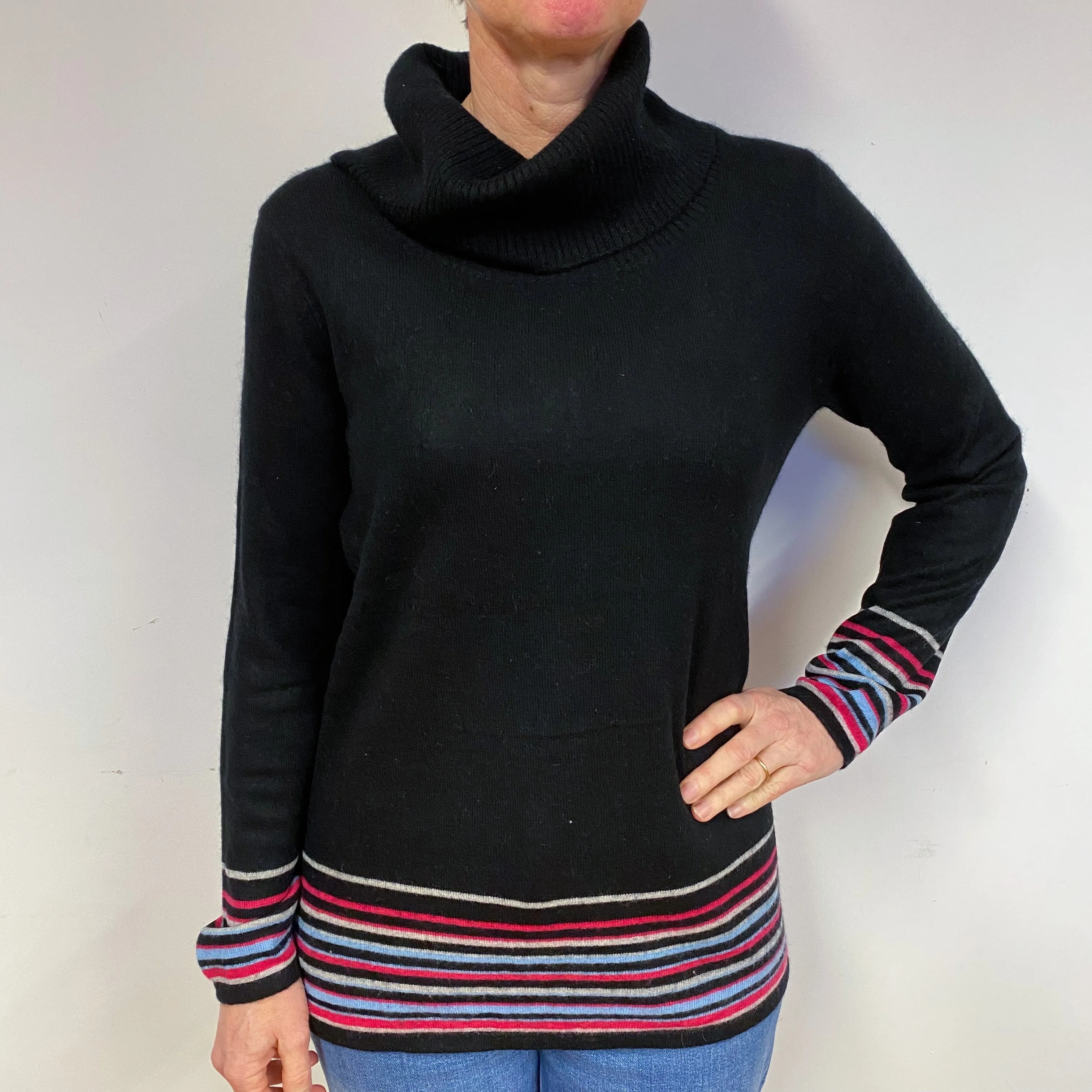 Black Striped Cashmere Cowl Neck Jumper Medium