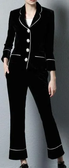 Black Velvet Crystal Button Embellished Blazer with Matching Cropped Pants