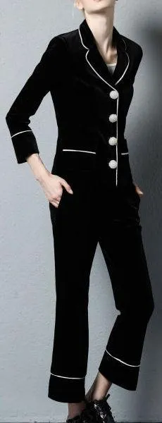 Black Velvet Crystal Button Embellished Blazer with Matching Cropped Pants