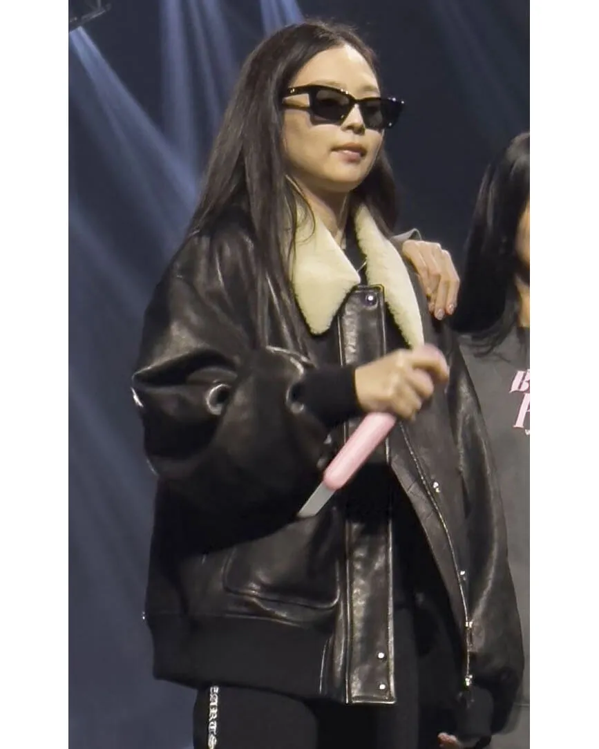 Blackpink Jennie Fur Collar Oversized Leather Jacket