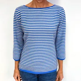 Blue Cream Striped 3/4 Sleeve Cashmere Crew Neck Jumper Medium