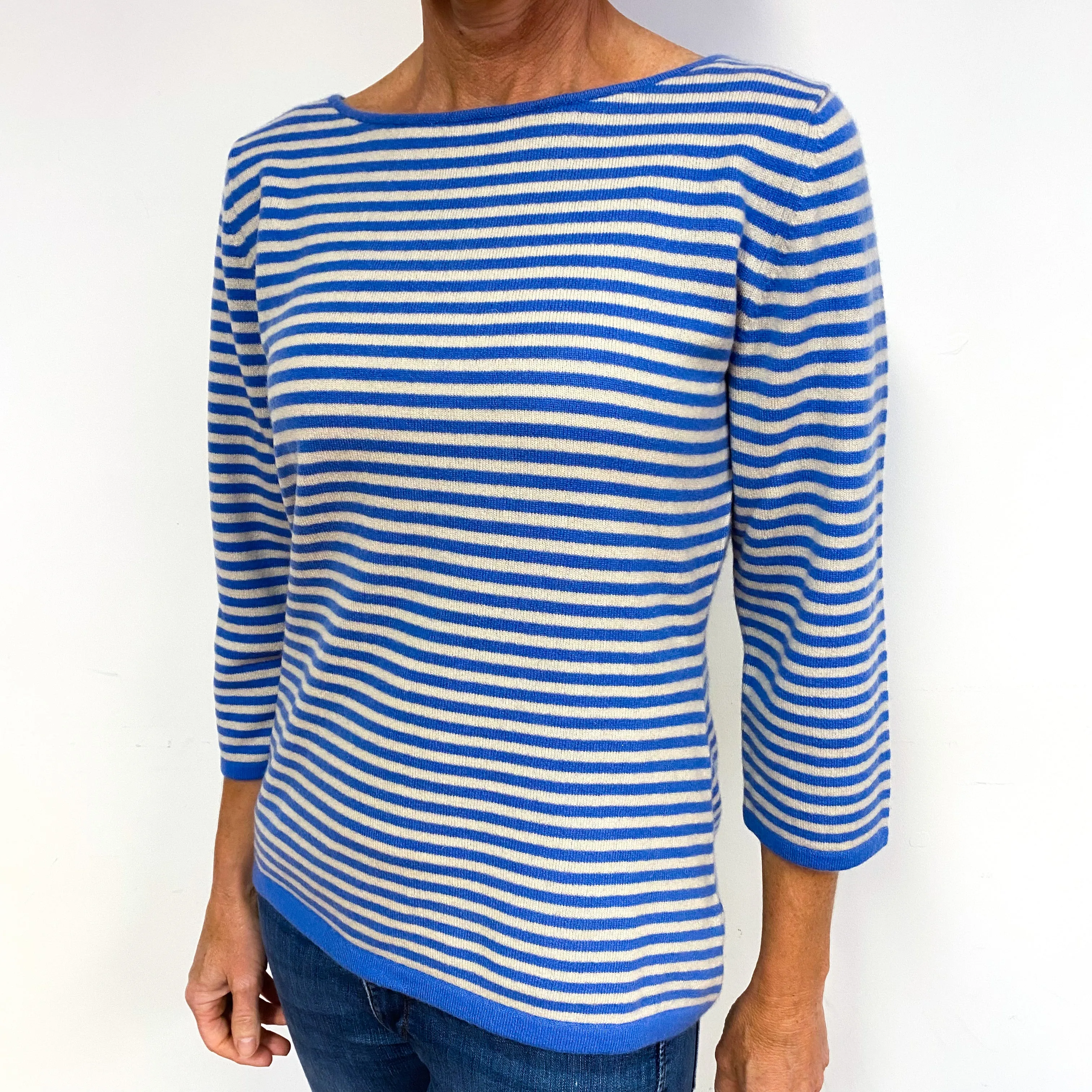 Blue Cream Striped 3/4 Sleeve Cashmere Crew Neck Jumper Medium