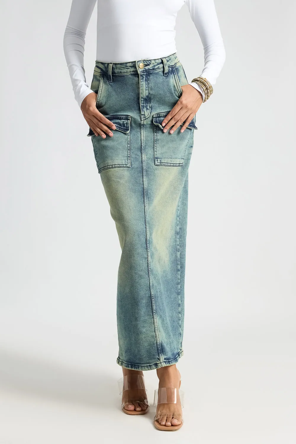 Blue Utility Pocket Denim Midi Skirt