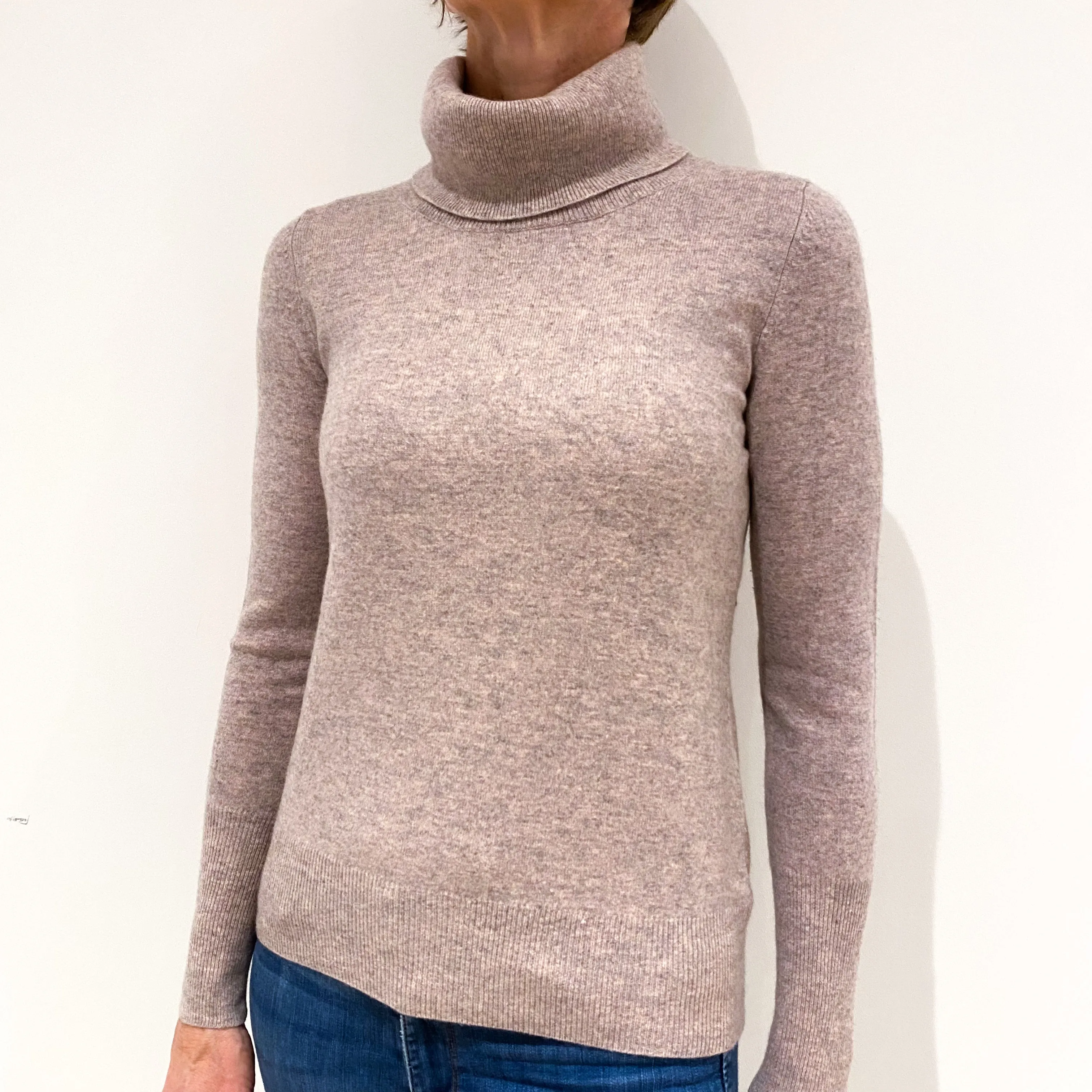 Blush Grey Marl Cashmere Polo Neck Jumper Small