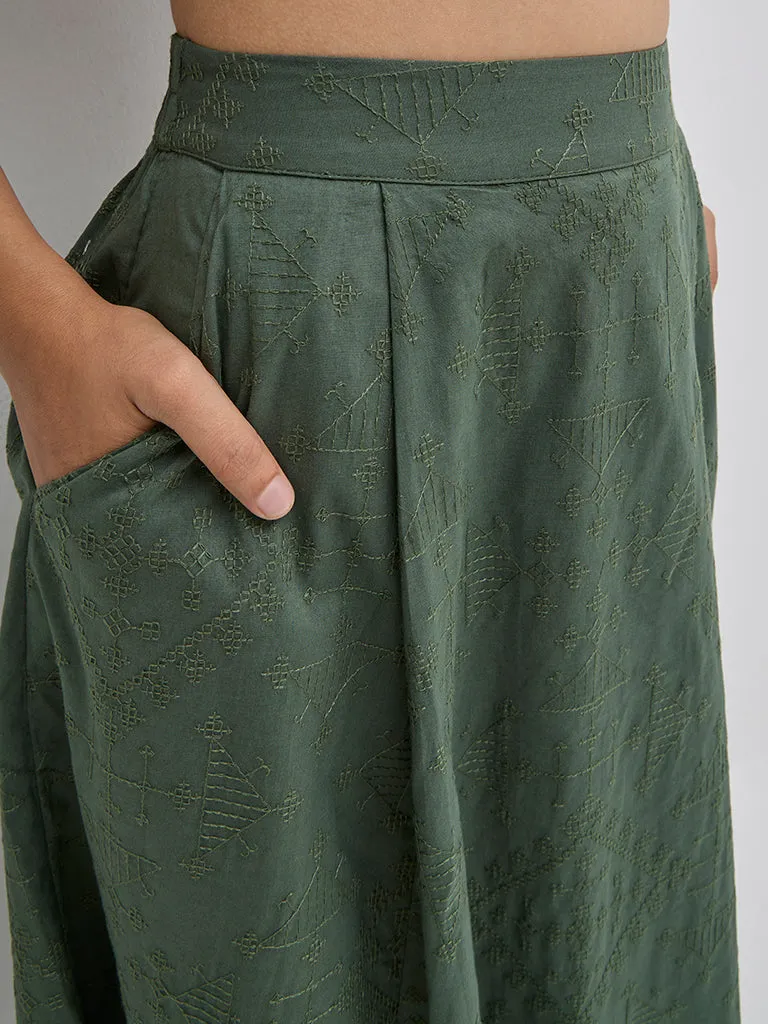 Bombay Paisley Olive Embroidered High-Rise Cotton Skirt