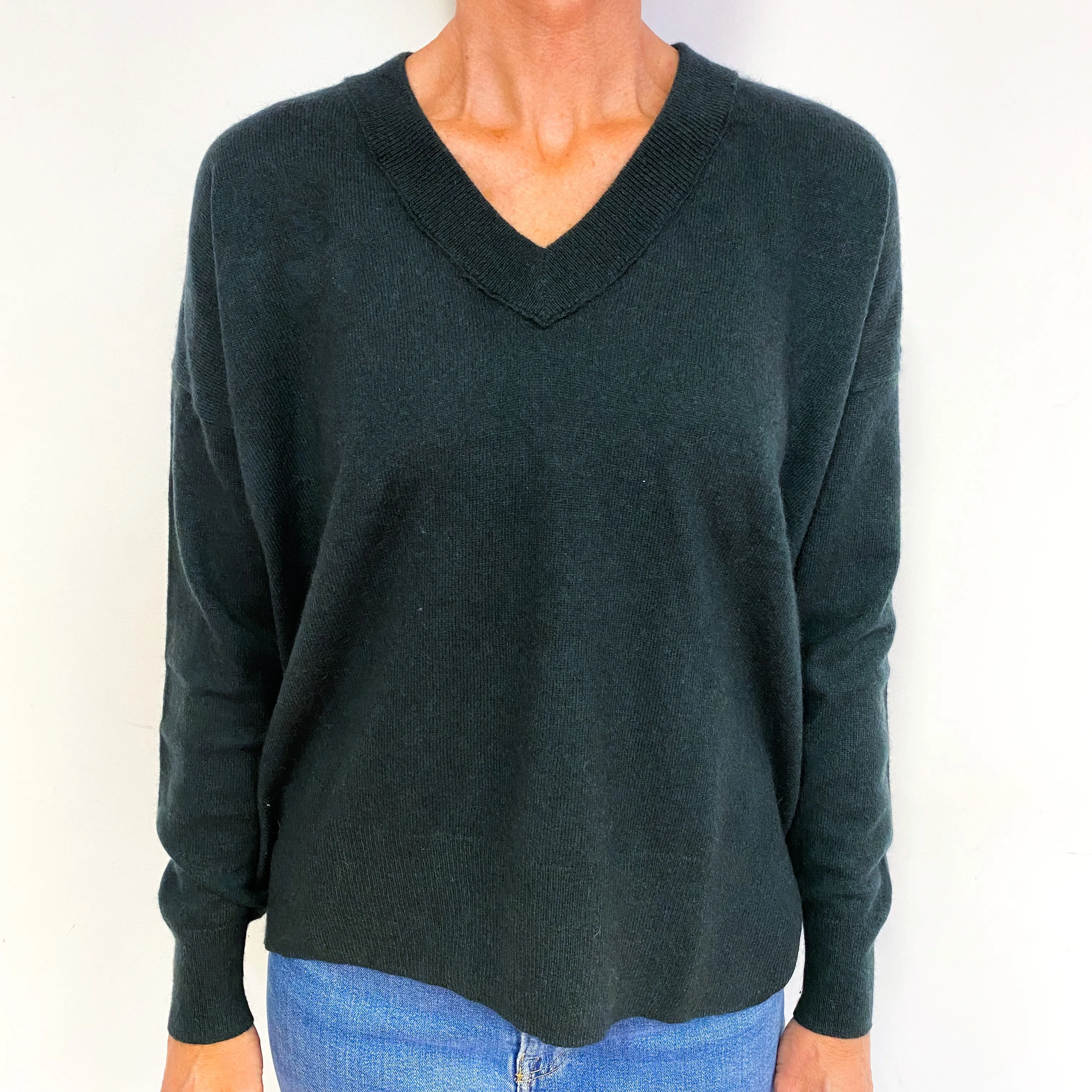 Bottle Green Slouchy Cashmere V-Neck Jumper Medium