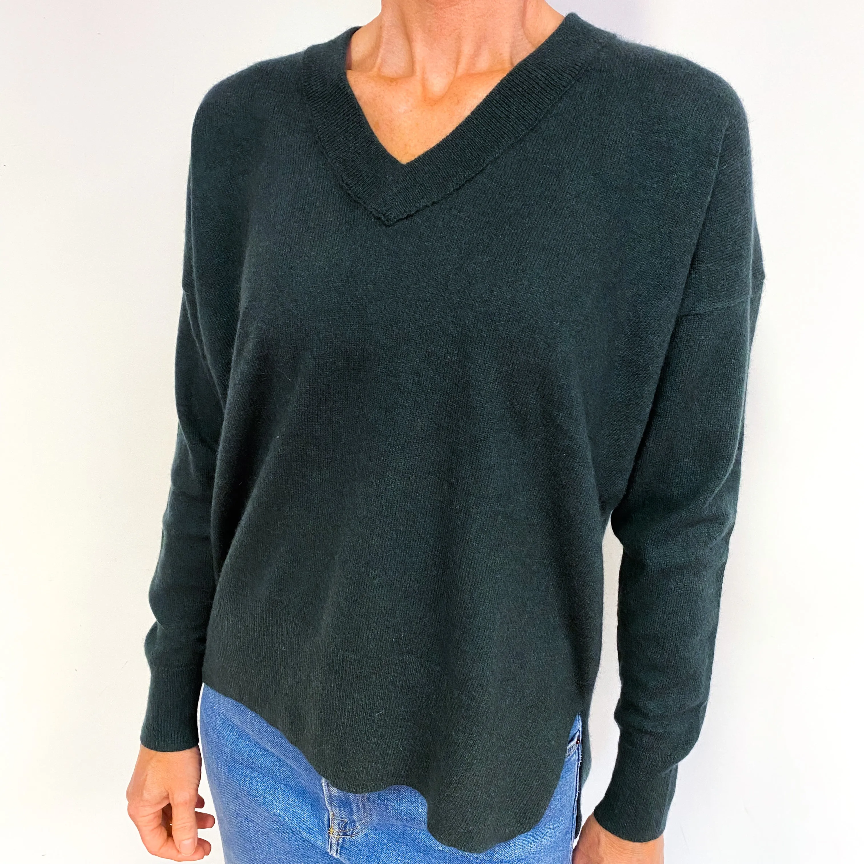 Bottle Green Slouchy Cashmere V-Neck Jumper Medium