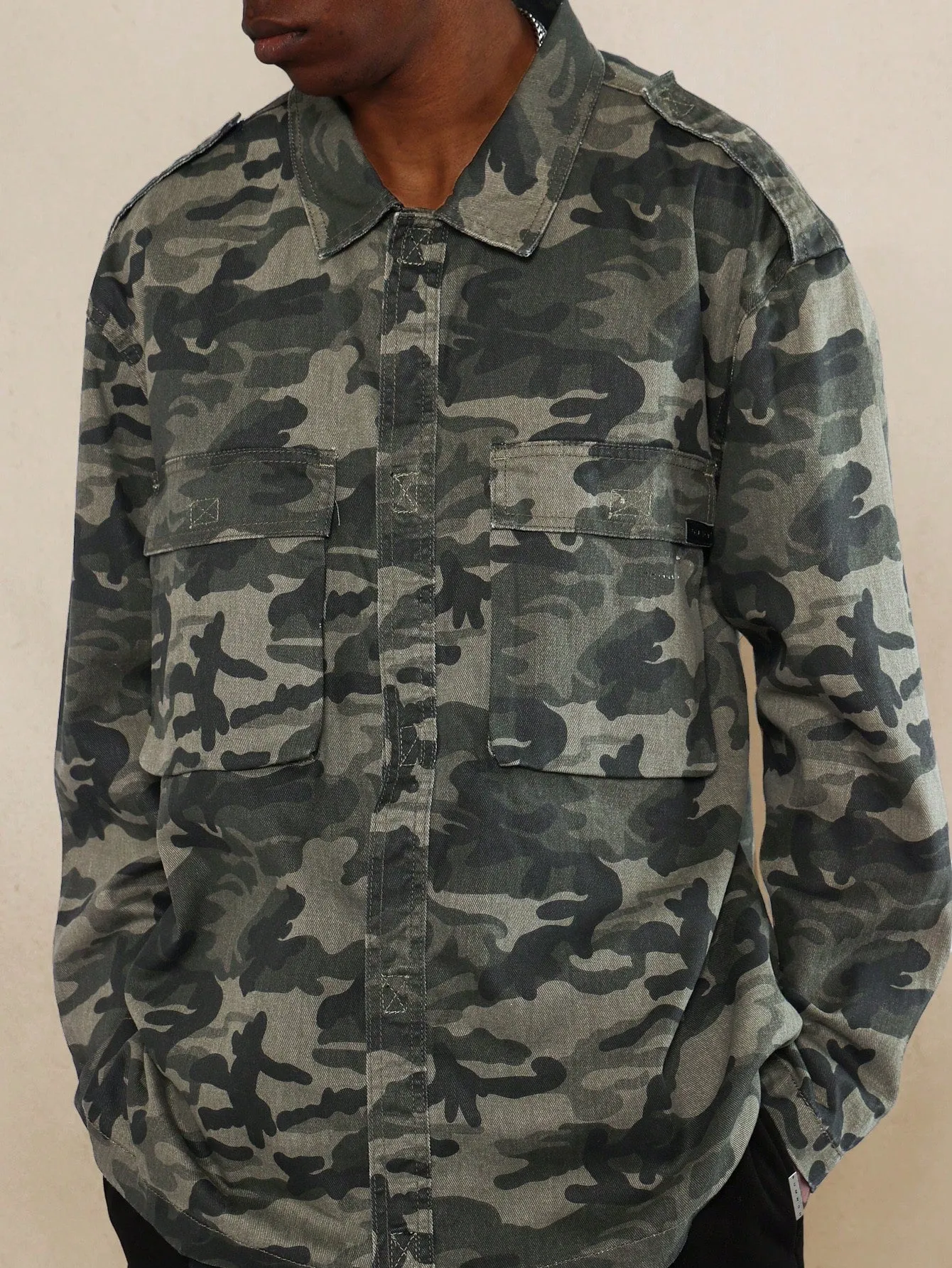 Boxy Longline Utility Camouflage Denim Shirt