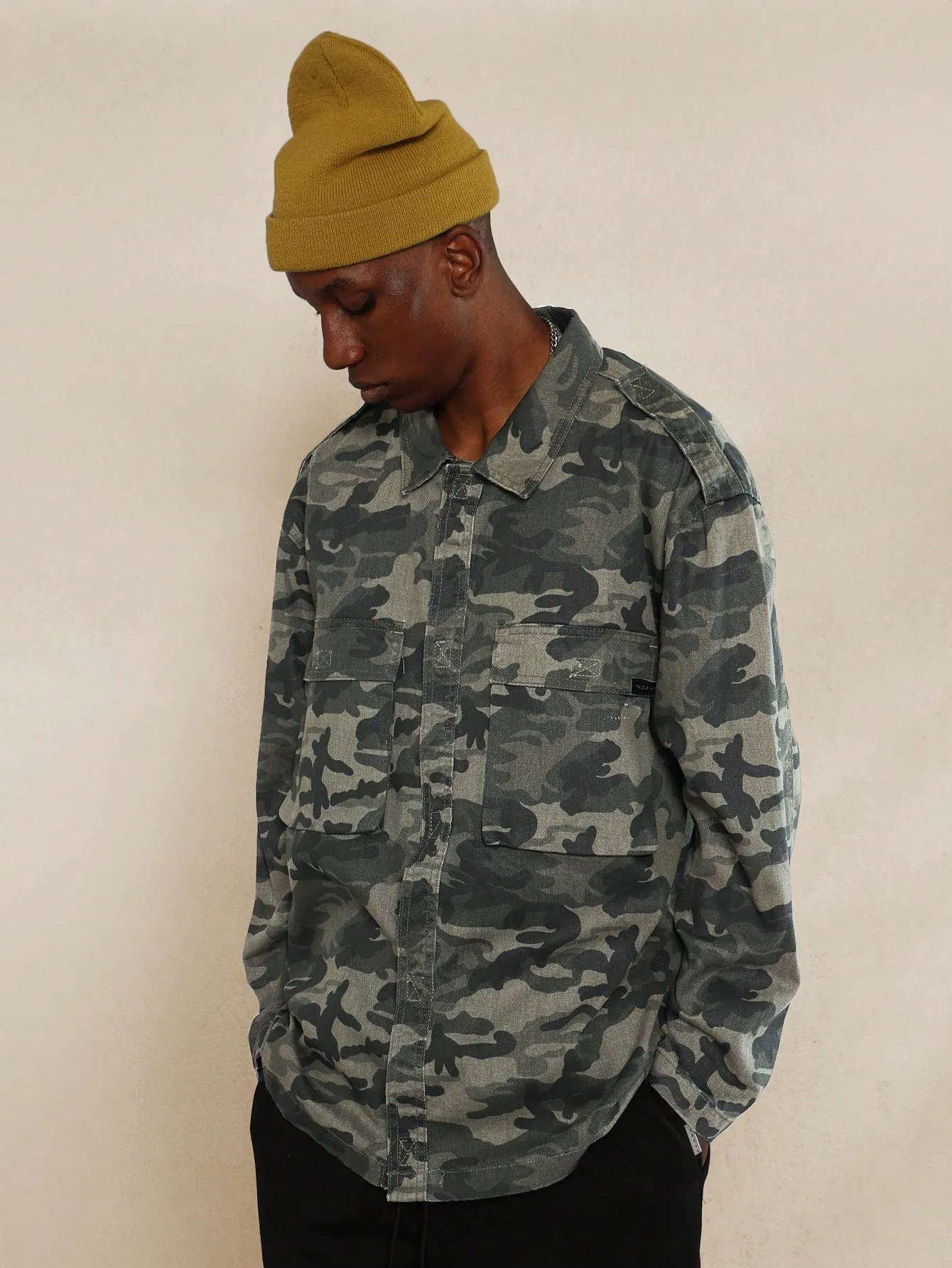 Boxy Longline Utility Camouflage Denim Shirt