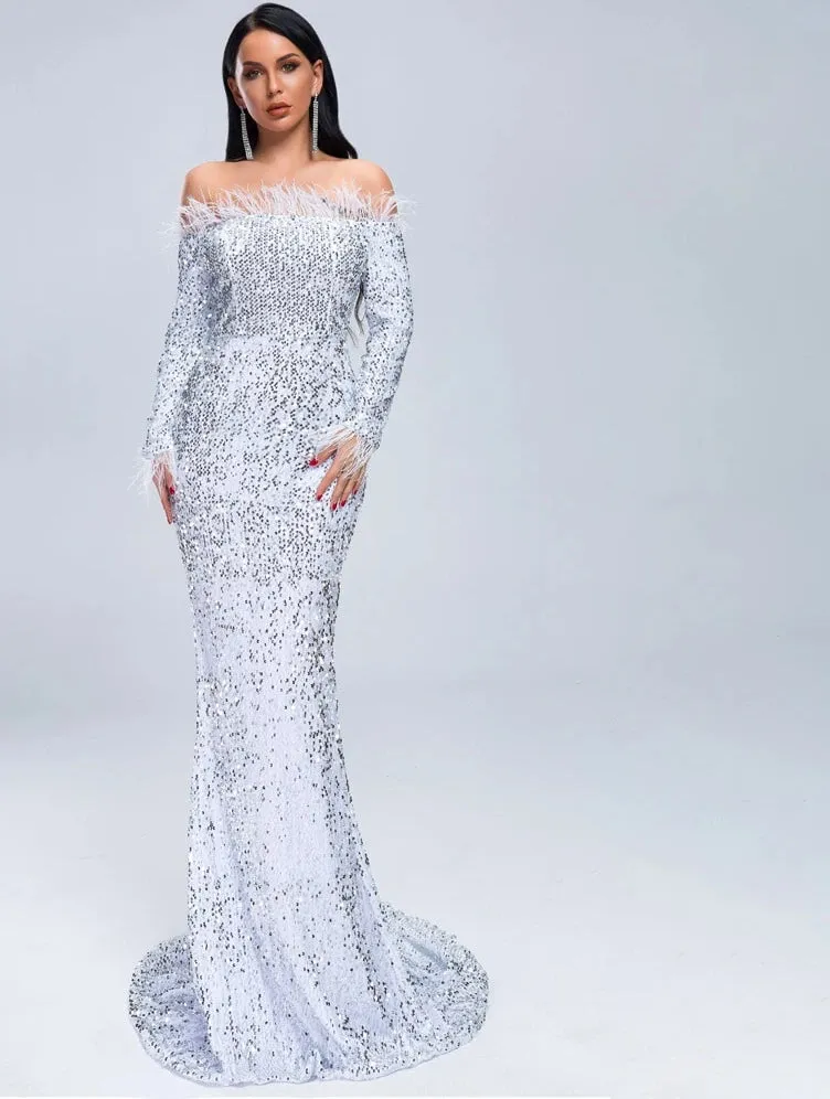 Bridesmaid Sexy Off Shoulder Feather Long Sleeve Sequin Party Maxi Reflective Dress