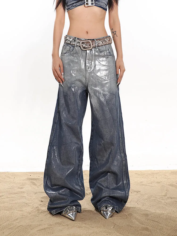 Britney Gradient Ombre Blue Reflective Glossy Shiny Silver Straight Leg Denim Jeans Pants