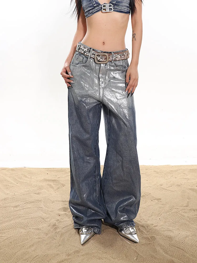 Britney Gradient Ombre Blue Reflective Glossy Shiny Silver Straight Leg Denim Jeans Pants