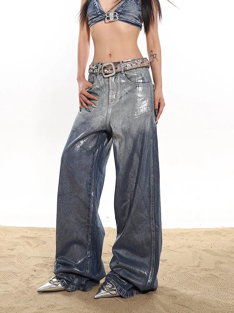 Britney Gradient Ombre Blue Reflective Glossy Shiny Silver Straight Leg Denim Jeans Pants