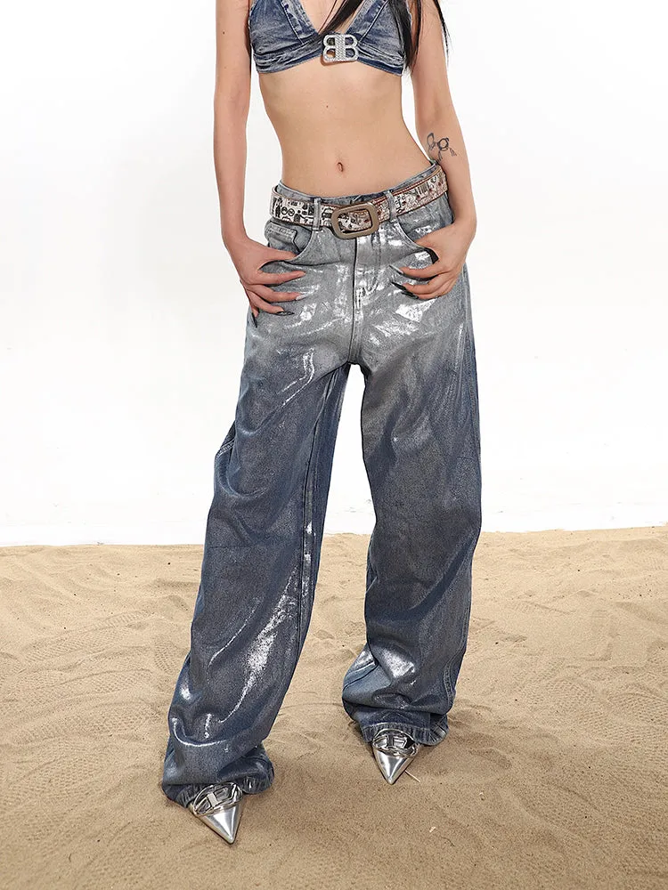 Britney Gradient Ombre Blue Reflective Glossy Shiny Silver Straight Leg Denim Jeans Pants