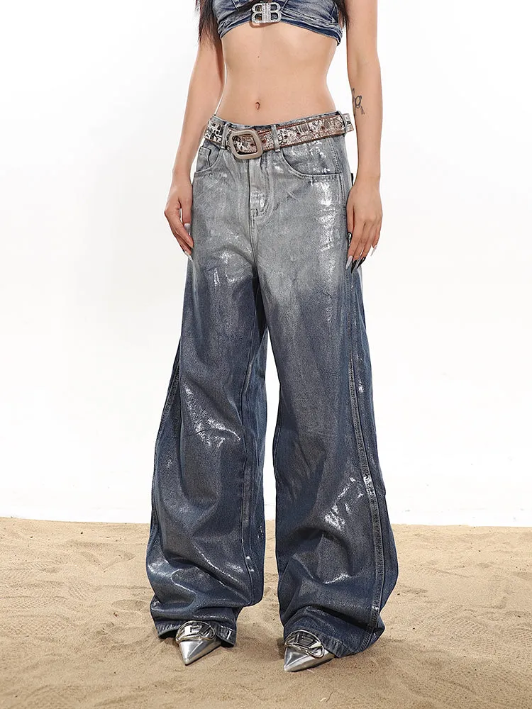 Britney Gradient Ombre Blue Reflective Glossy Shiny Silver Straight Leg Denim Jeans Pants