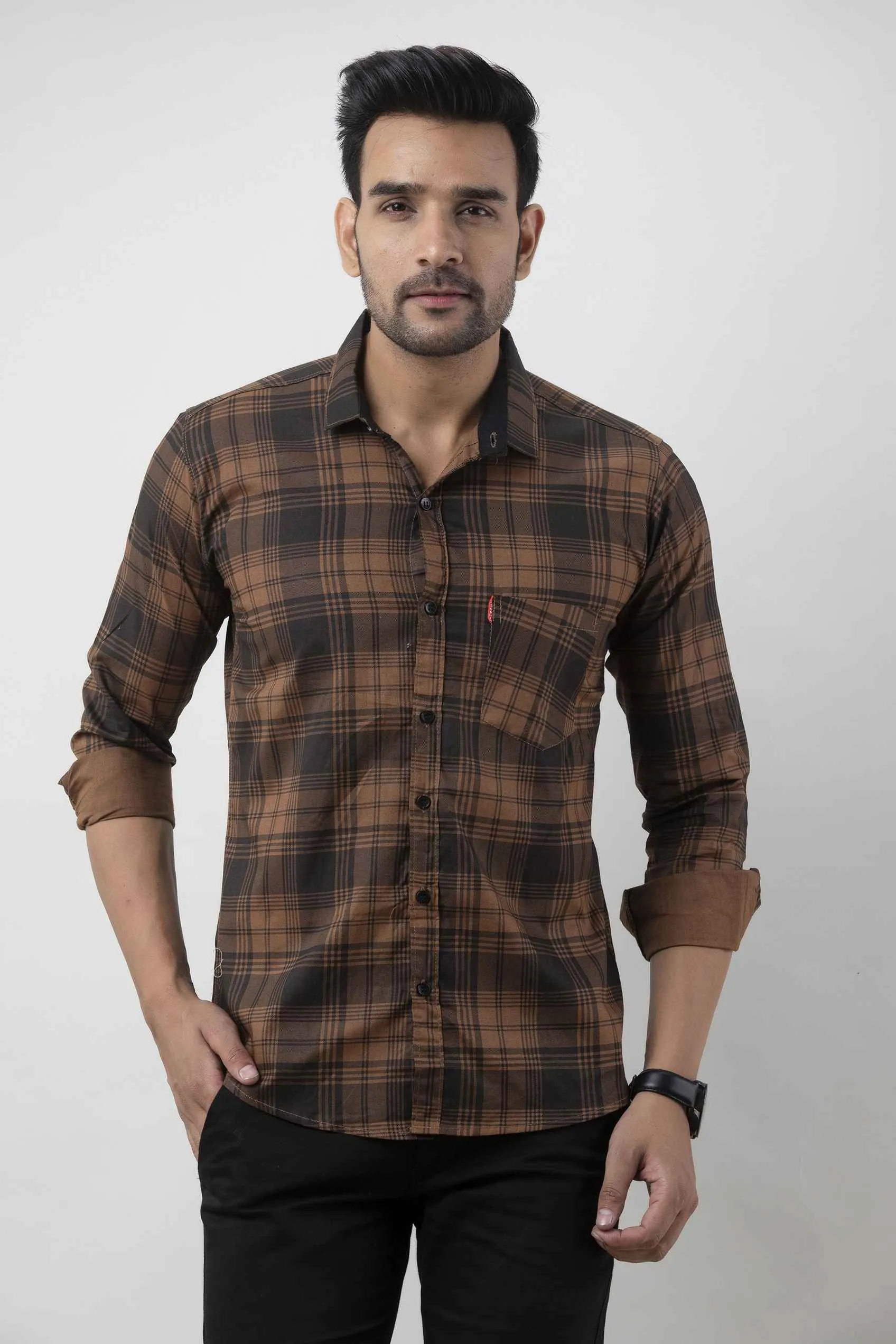 Brown Check Spread Collar Casual Shirt