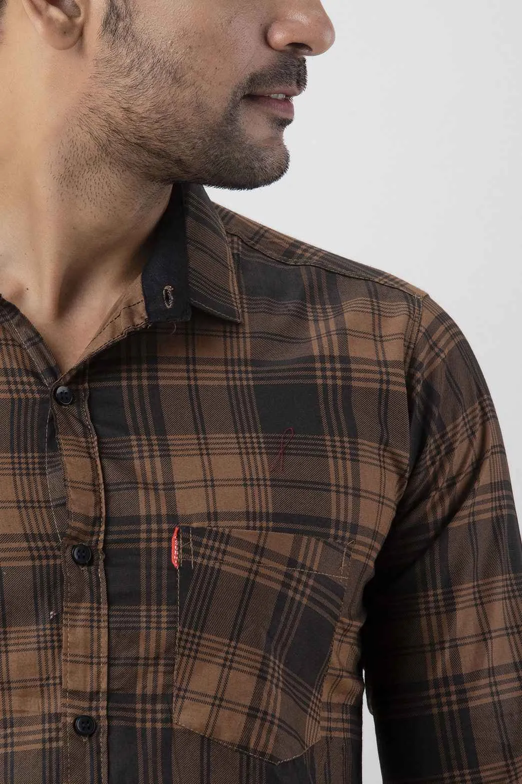 Brown Check Spread Collar Casual Shirt