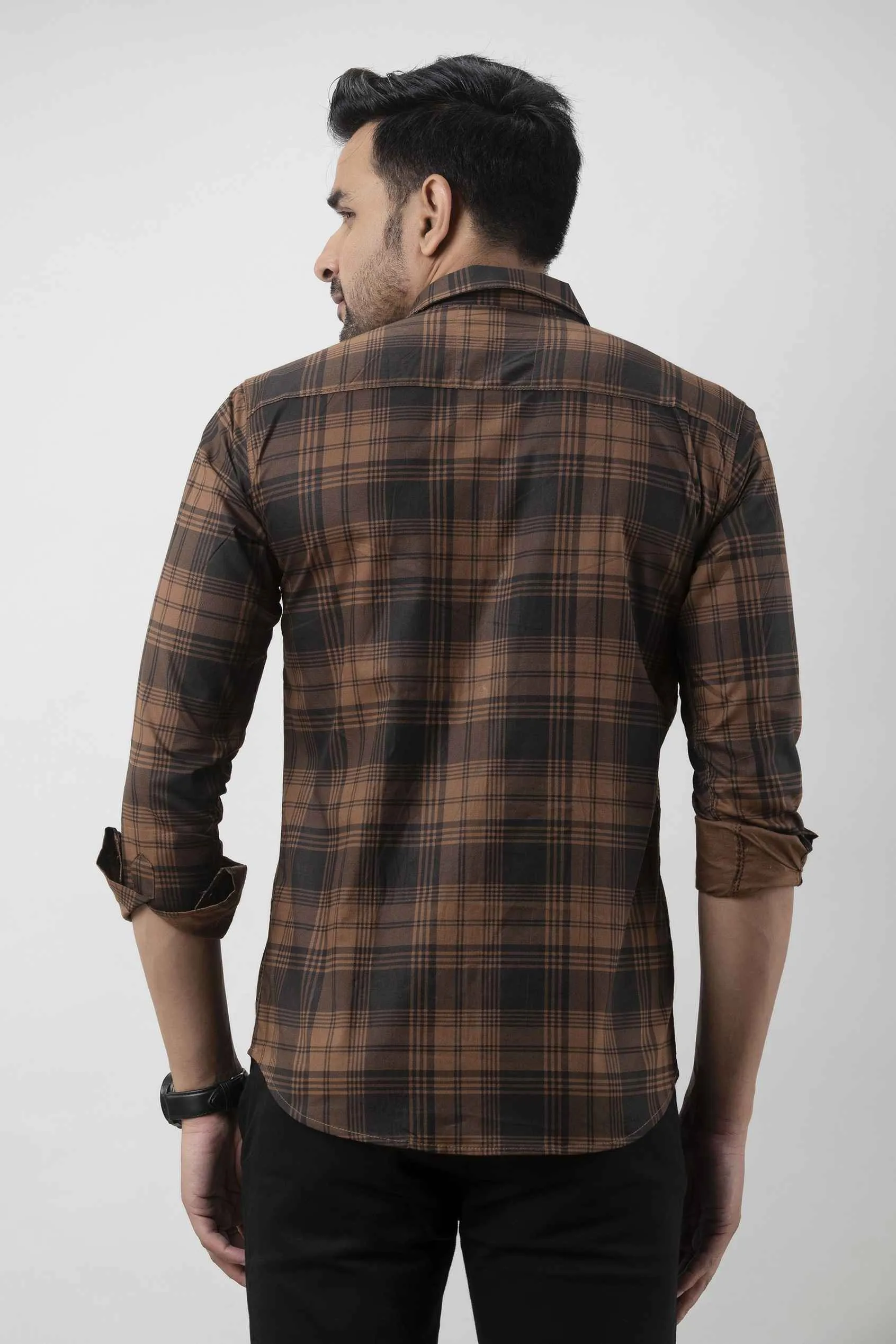 Brown Check Spread Collar Casual Shirt